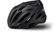 A matte black ECHELON II HLMT MIPS road cycling helmet features multiple elongated air vents, the Specialized logo on the side, and a small yellow MIPS sticker near the back.