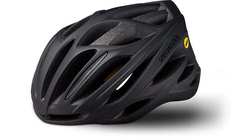 A matte black ECHELON II HLMT MIPS road cycling helmet features multiple elongated air vents, the Specialized logo on the side, and a small yellow MIPS sticker near the back.