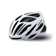A white ECHELON II HLMT MIPS helmet for road cycling features black ventilation holes, a sleek aerodynamic design, and displays the Specialized brand name on the side.