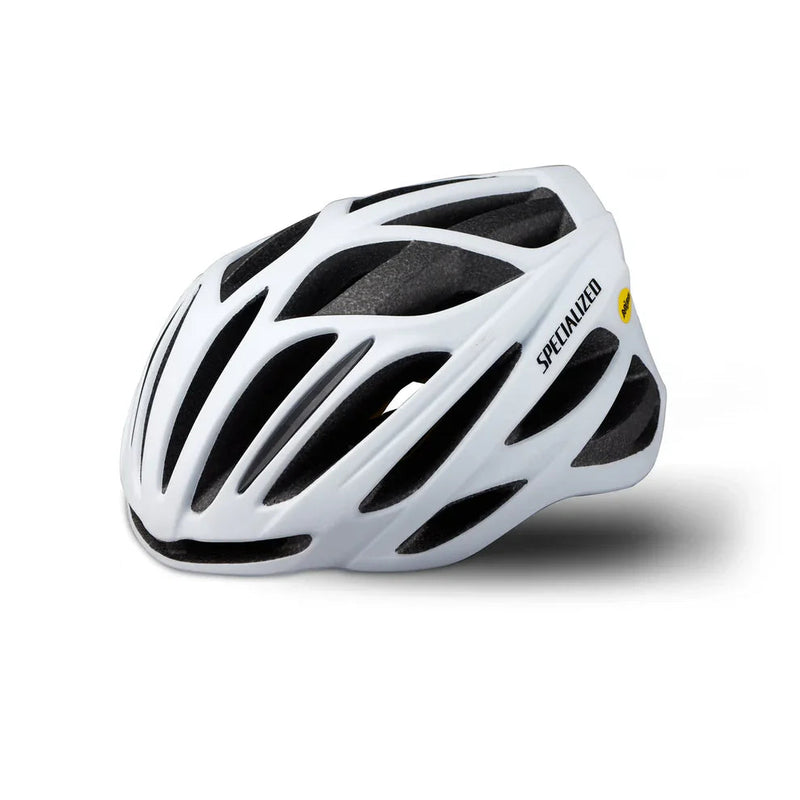 A white ECHELON II HLMT MIPS helmet for road cycling features black ventilation holes, a sleek aerodynamic design, and displays the Specialized brand name on the side.