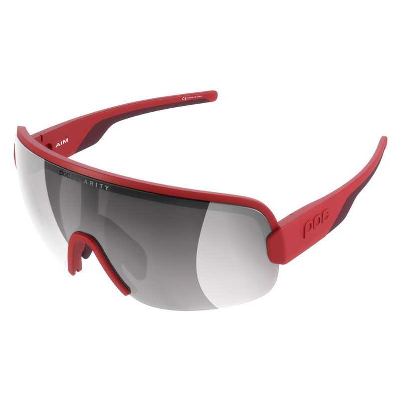 Red and black sunglasses with a white background