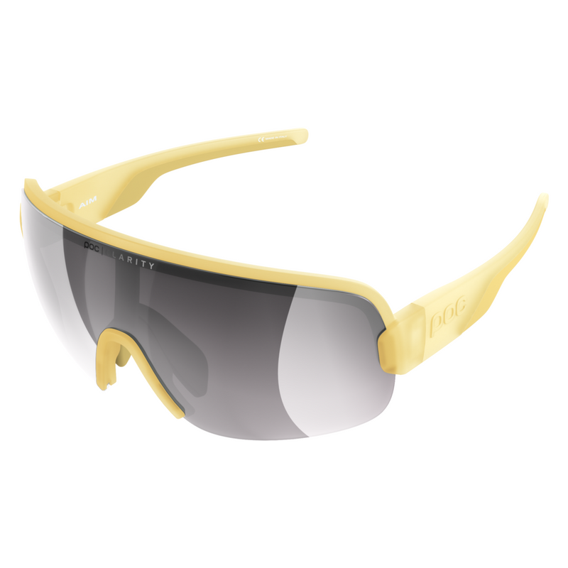 Sunglasses with yellow frame and gray lenses on a white background