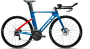 A blue Argon 18 time trial bicycle with a red rear triangle brace, black components, and white branding on a clean white background.