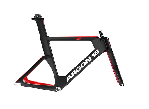 A carbon fiber bicycle frame, specifically the Argon 18 model, shown in a side profile view on a solid white background. The frame is primarily matte black with vibrant red accents along the inner tubes and seat tube, and features the model name 'ARGON 18' in bold white lettering on the down tube.