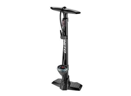 A black BPT bicycle pump with a T-handle, footrests, and a digital gauge, shown on a solid white background.