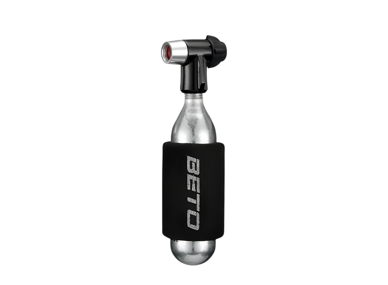 Beto 007 CO₂ nozzle bicycle tire inflator compatible with threaded CO₂ cartridges and Presta and Schrader valves for emergency inflation.