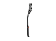 A black metal bicycle kickstand with a small red adjustment knob, shown vertically on a plain white background.