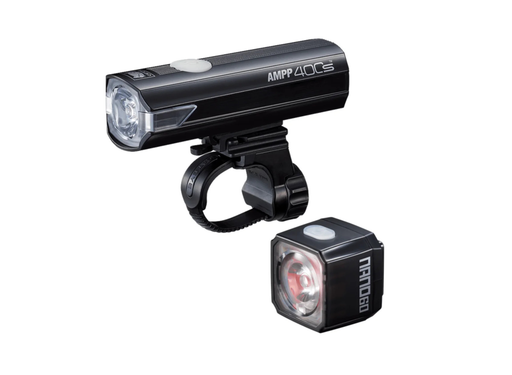A black AMPP 210S bicycle headlight mounted on a black clip, shown alongside a separate black TROLL60 tail light on a plain white background.