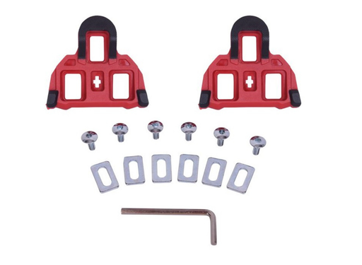 A bicycle saddle pad kit with two red and black saddle pads, six silver bolts, six silver washers, and a metal hex key, arranged on a plain white background.