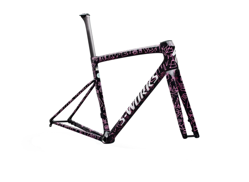 Bicycle frame with pink and black design on a white background