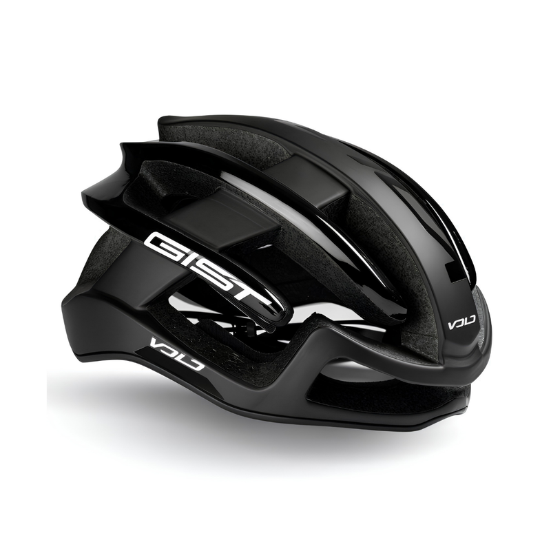 Black helmet with visible branding on a white background
