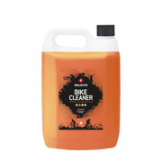 A large 5L orange plastic container of Weldtite Bike Cleaner, a biodegradable bike cleaner with a black screw cap and a front label showing bike silhouettes and cleaning icons.