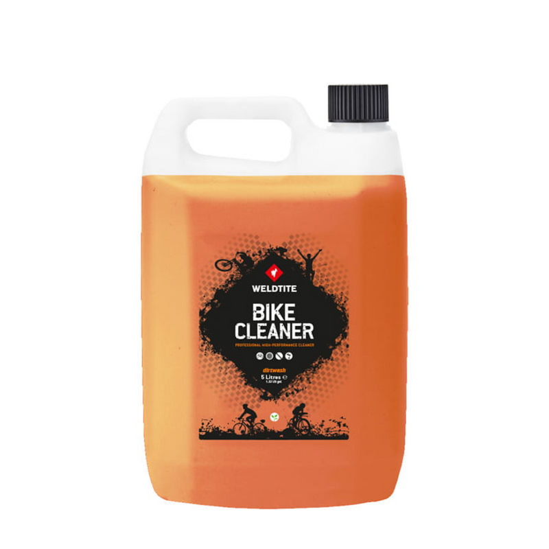 A large 5L orange plastic container of Weldtite Bike Cleaner, a biodegradable bike cleaner with a black screw cap and a front label showing bike silhouettes and cleaning icons.