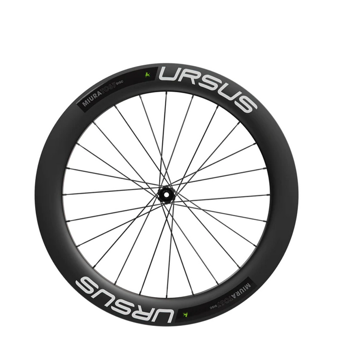 A black road bike wheel with disc brake system, featuring the brand name Ursus prominently displayed.