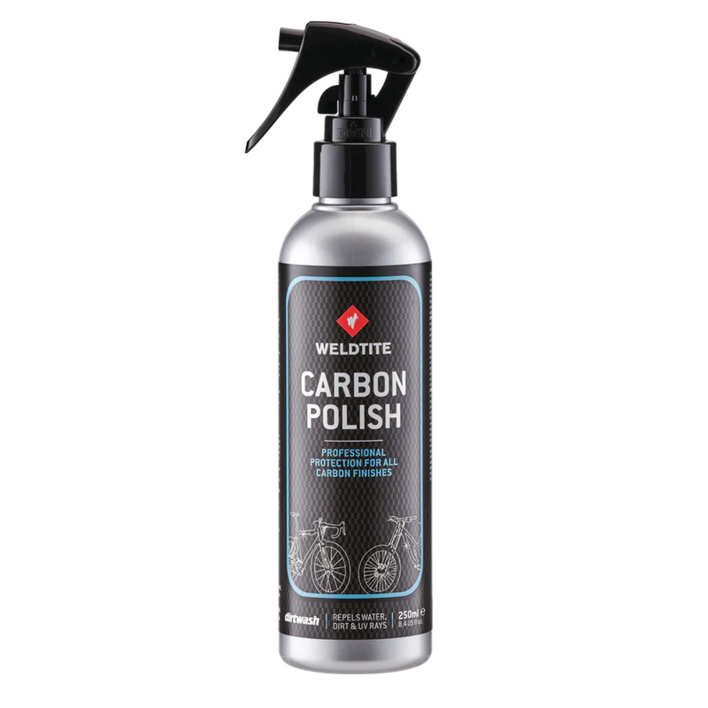 The Weldtite Carbon Polish 250ml comes in a silver spray bottle with bicycle graphics, labeled as a professional polish designed for all carbon bike finishes.