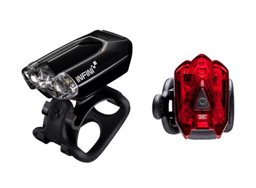 A black bicycle front light mounted on a black handlebar clamp, shown next to a red rear light on a plain white background.