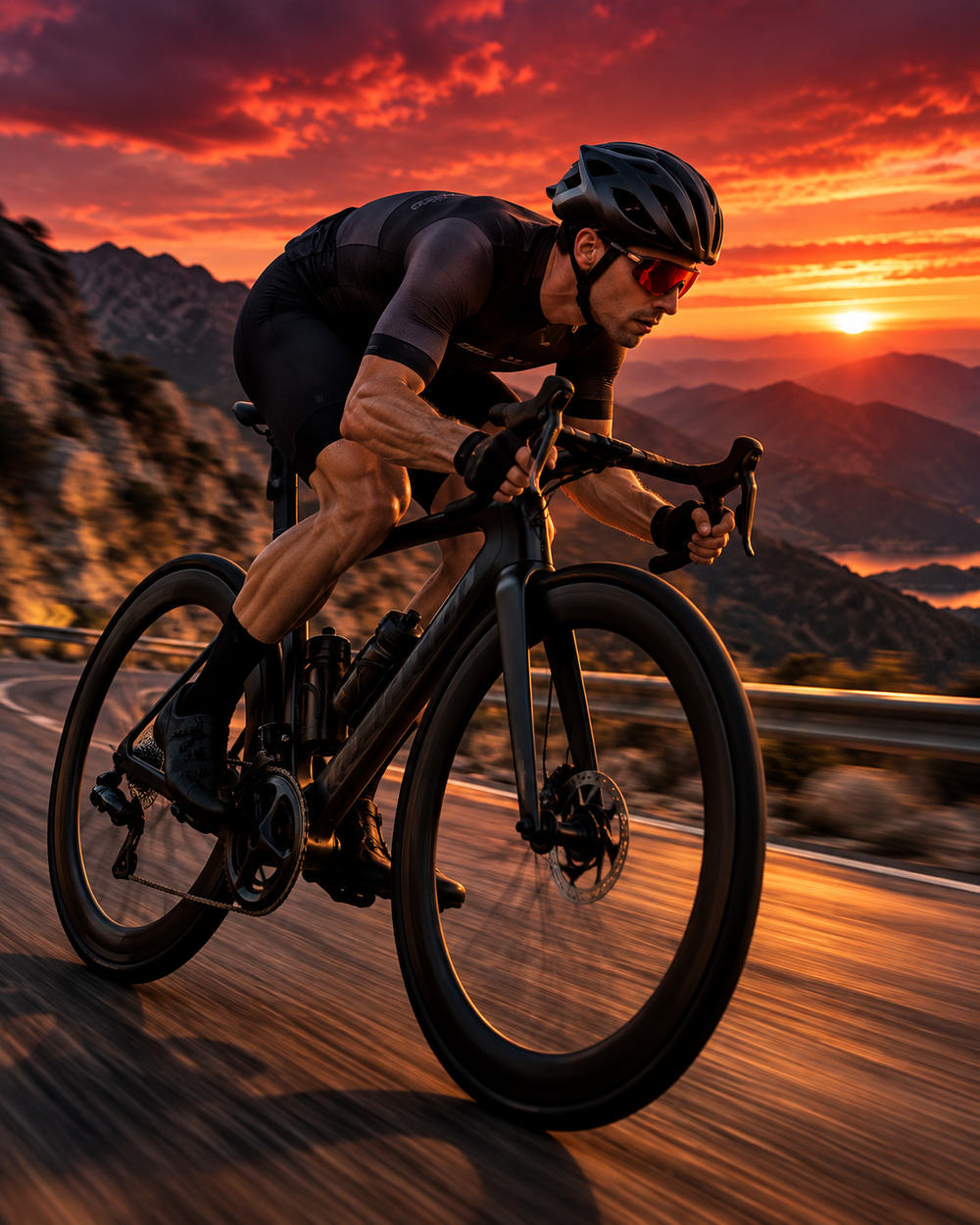 A cyclist in a black cycling kit and helmet rides a black road bike on a winding mountain road at sunset, with dramatic orange and red clouds in the sky.