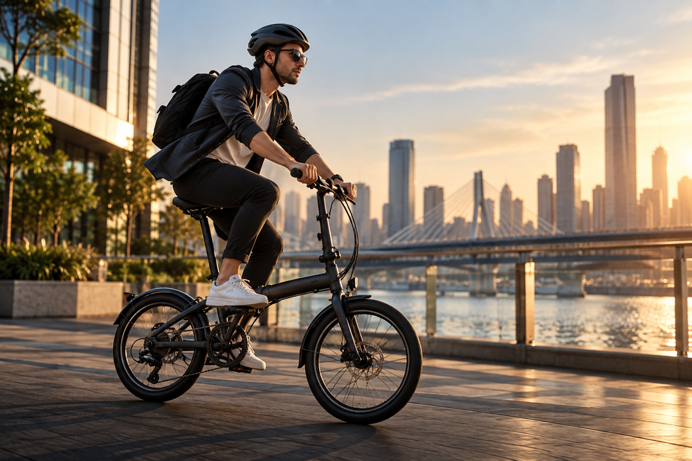 A man wearing a black helmet and sunglasses rides a black folding bicycle along a waterfront promenade at sunset, with a city skyline and bridge in the background.