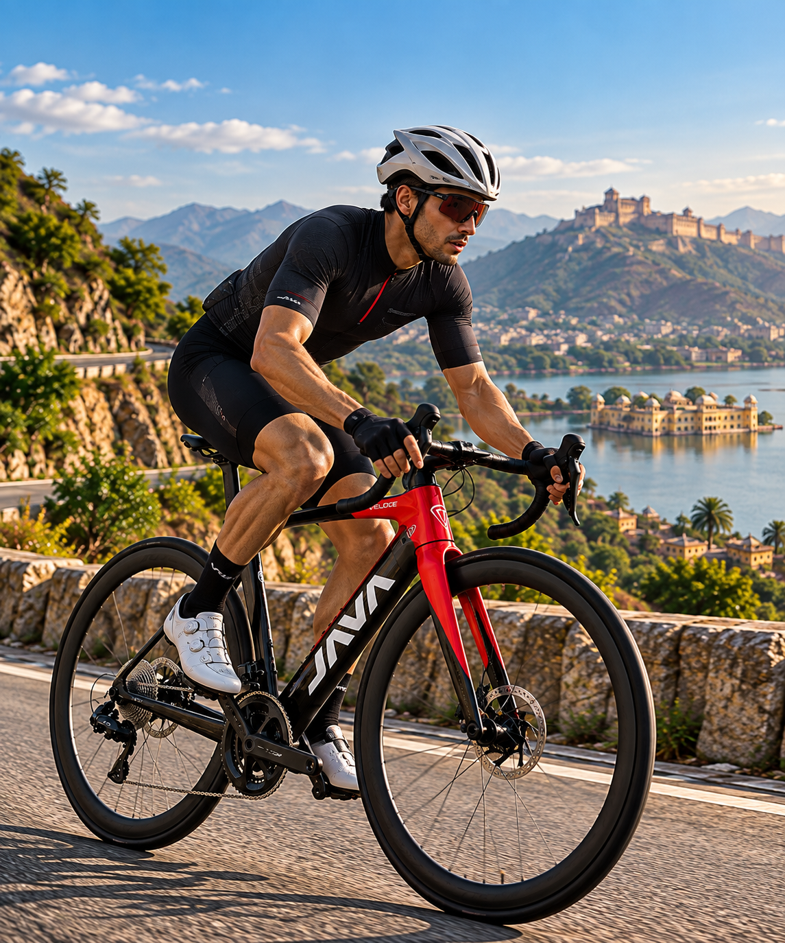A cyclist wearing a black cycling jersey and shorts rides a red and black VAMA road bike on a scenic mountain road with a lake and castle in the background.