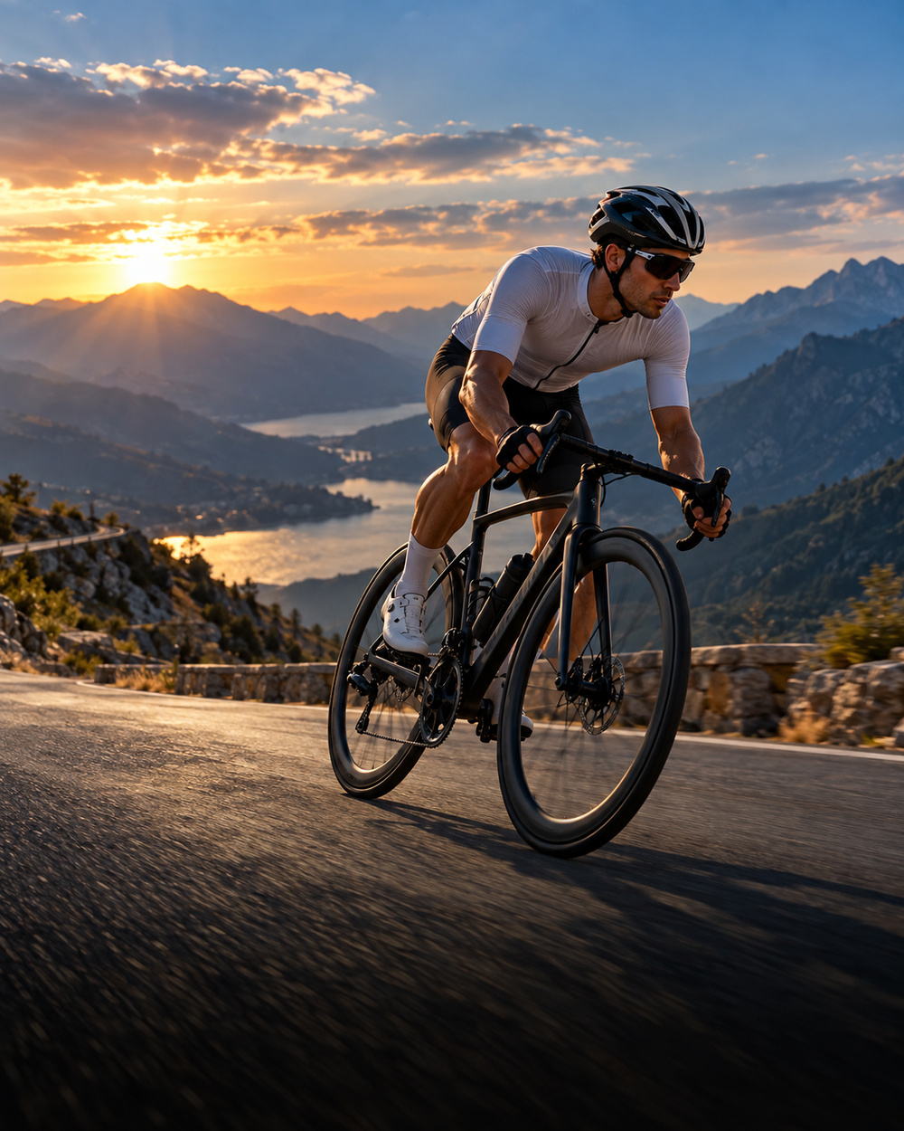 A cyclist in a white jersey and black shorts rides a road bike along a winding mountain road at sunset, with a lake and rugged peaks in the background.
