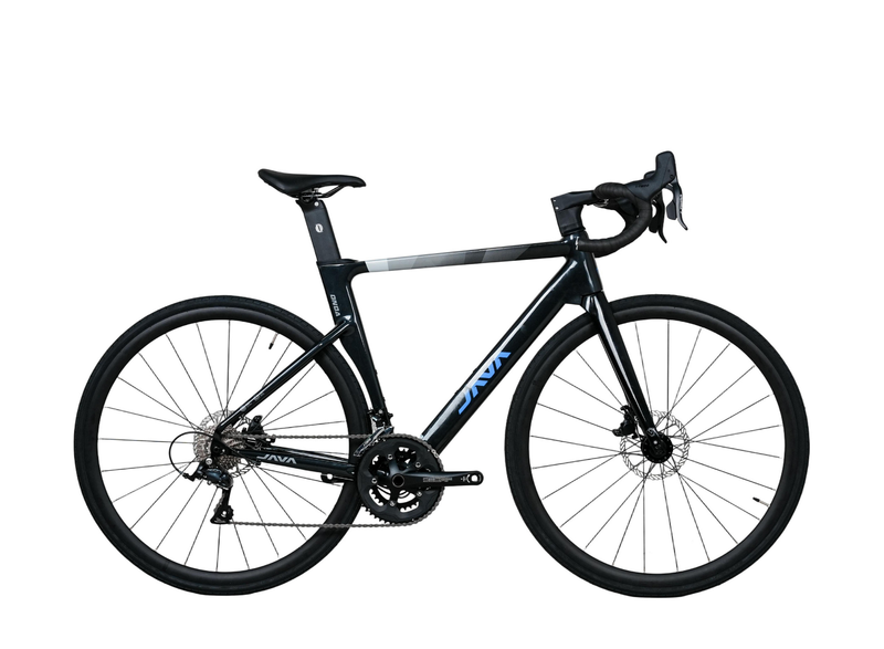 A black drop-bar road bicycle with a sleek carbon fiber frame, featuring a subtle gray gradient near the top tube and blue branding text, shown against a solid white background.
