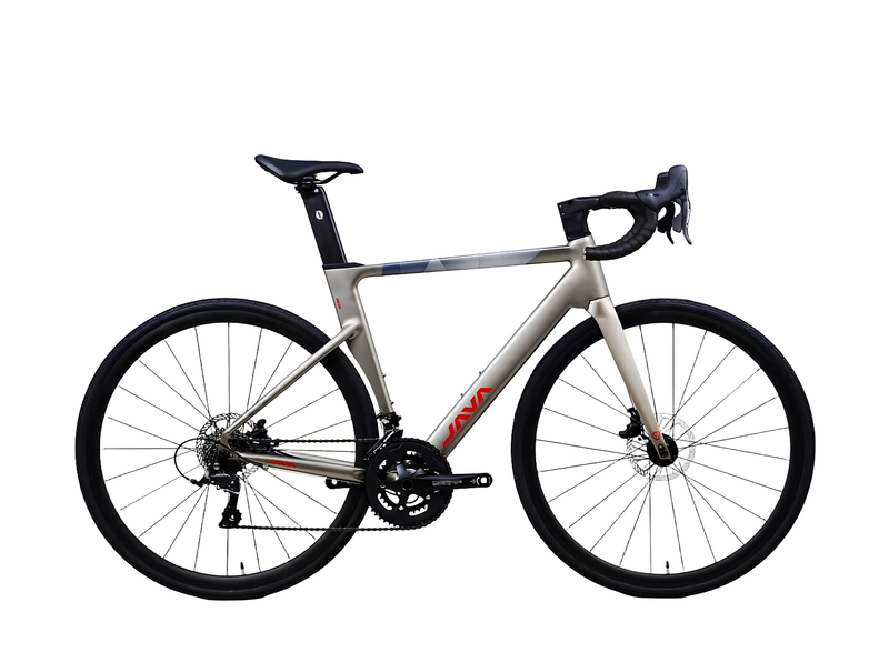 A VAVA road bicycle with a modern drop-bar frame in a light beige and gray colorway, featuring black wheels, saddle, and handlebars, shown against a solid white background.