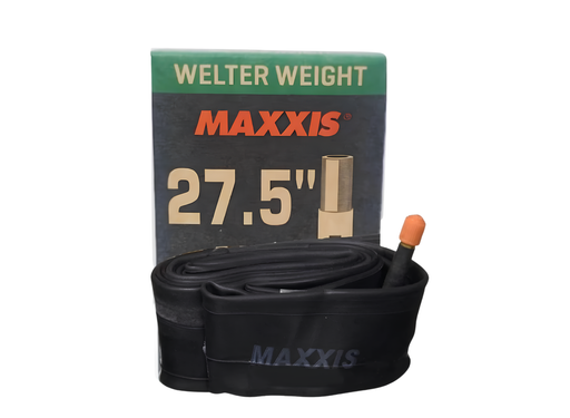 A MAXXIS Welter Weight 27.5" bicycle inner tube with its original packaging box, displayed on a clean white background.