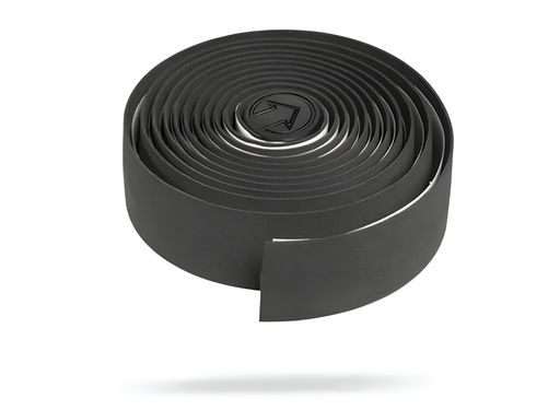 A roll of black bicycle tape with a single strip unspooled, shown against a plain white background with a soft shadow underneath.
