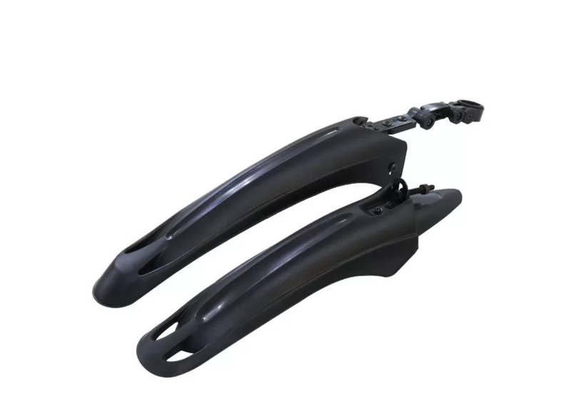 A pair of black plastic bicycle mudguards with a mounting bracket at the top, shown on a plain white background.