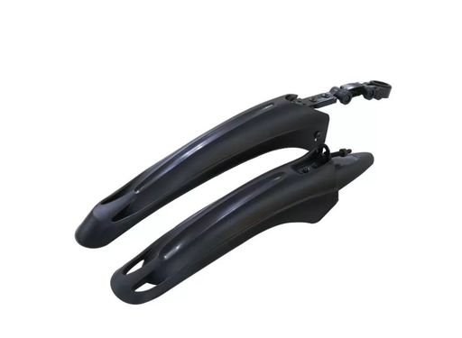 A pair of black plastic bicycle mudguards with a mounting bracket at the top, shown on a plain white background.