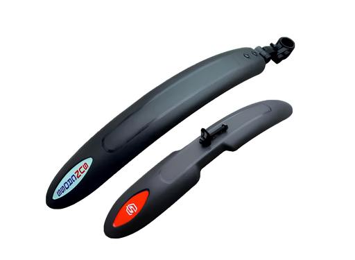 Two bicycle mudguards in matte black, shown from the front and rear angles. The rear mudguard features a red oval sticker with a white logo, and the front mudguard has a blue and white 'BIC' sticker.