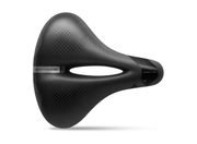 A black bicycle saddle with a matte finish, featuring a central cutout and perforated texture on the sides, shown on a white background with a soft shadow underneath.