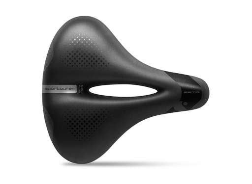 A black bicycle saddle with a matte finish, featuring a central cutout and perforated texture on the sides, shown on a white background with a soft shadow underneath.