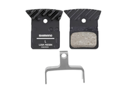 Shimano Dura-Ace L03A resin disc brake pads with Ice-Tech cooling fins, spring, and retaining pin for Shimano hydraulic road disc brakes