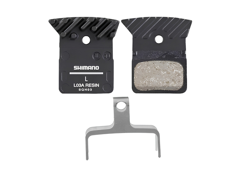 Shimano Dura-Ace L03A resin disc brake pads with Ice-Tech cooling fins, spring, and retaining pin for Shimano hydraulic road disc brakes