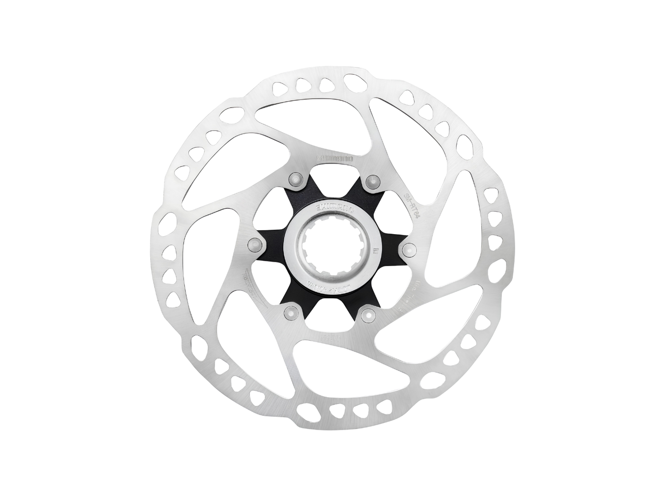 Shimano SM-RT64 160mm Center Lock disc brake rotor with internal serration lockring for road, MTB, gravel, and hybrid bikes.