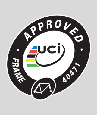 A circular black and white UCI Approved Frame sticker with the number 40471, featuring the UCI logo and a small bicycle frame icon on a light gray background.