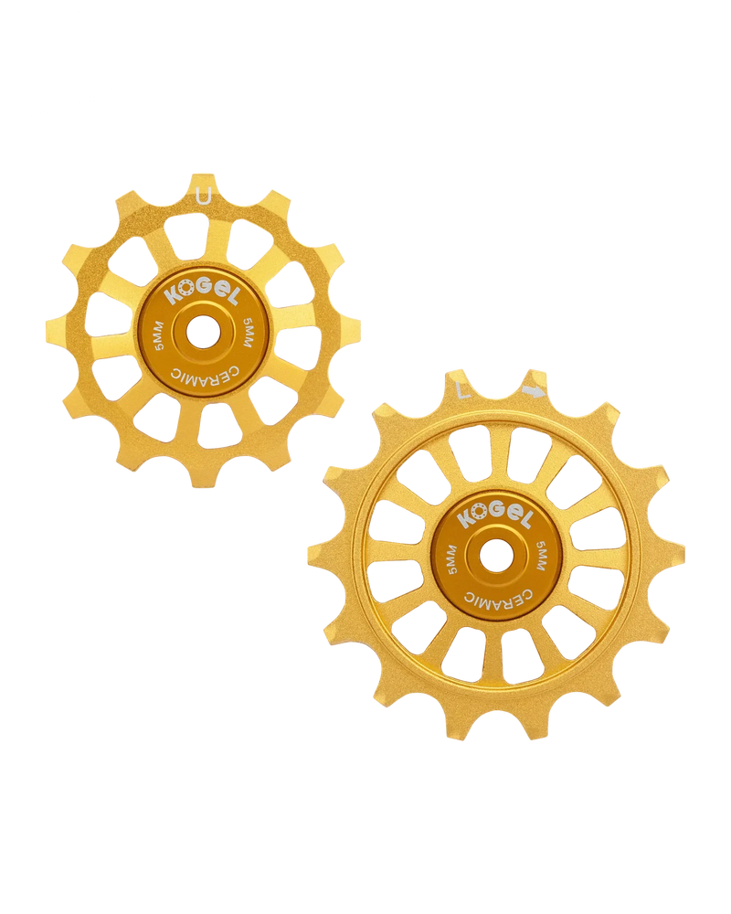 Two gold Kogel 12/14T Oversized Pulley Sets for Shimano road derailleurs, each with multiple spokes and "ceramic" branding, shown on a plain white background and equipped with ceramic bearings.