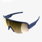 Sunglasses with blue frame and gold-tinted lenses on a white background