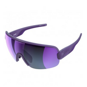 Purple sunglasses with a reflective lens on a white background