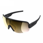 Sunglasses with black frame and gold-tinted lenses on a white background